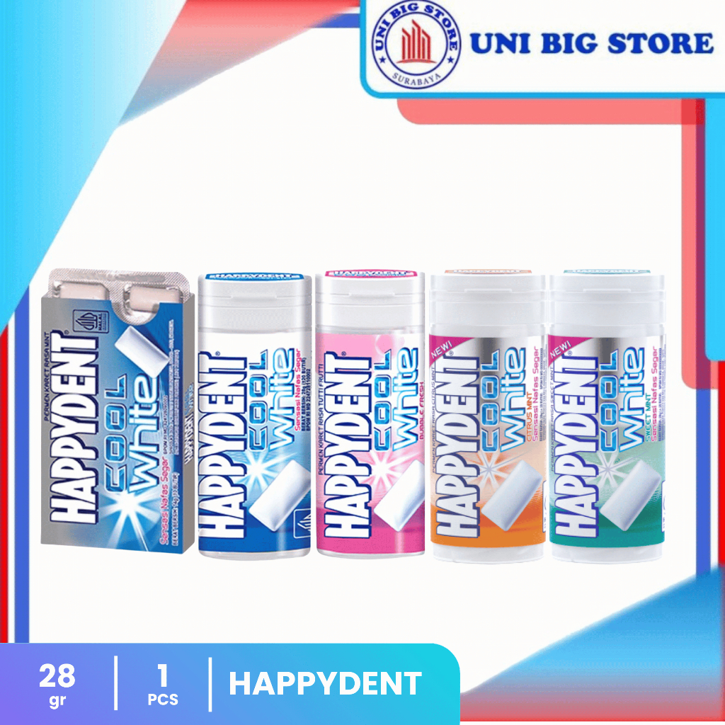 

Happydent Chewy Gum Cool White Mint | Tutti Fruti | Blister 28 gr