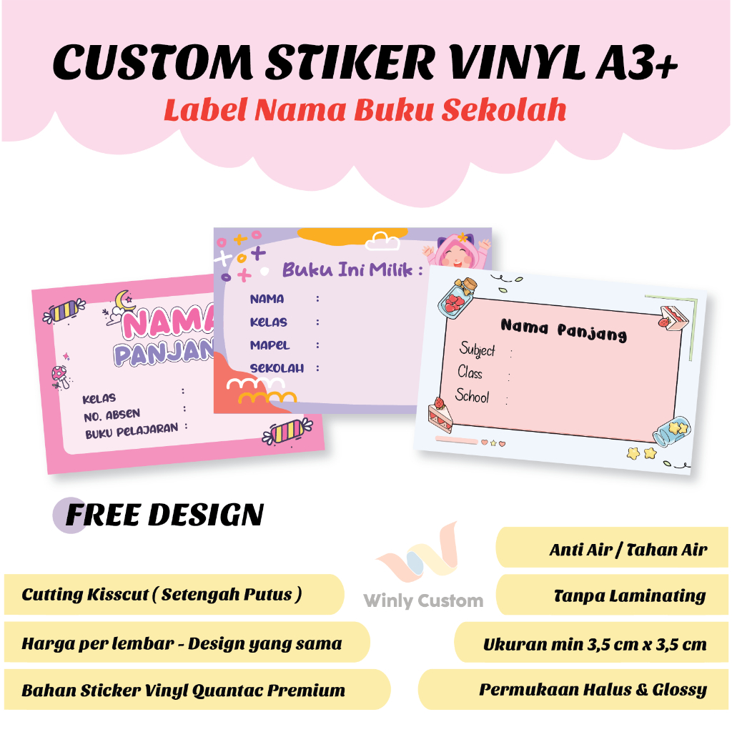 

Cetak Stiker Vinyl Custom Nama Stiker Nama Buku Sekoah Anti Air Waterproof A3+ Kisscut Label Makanan Online Shop Vynil Vinil