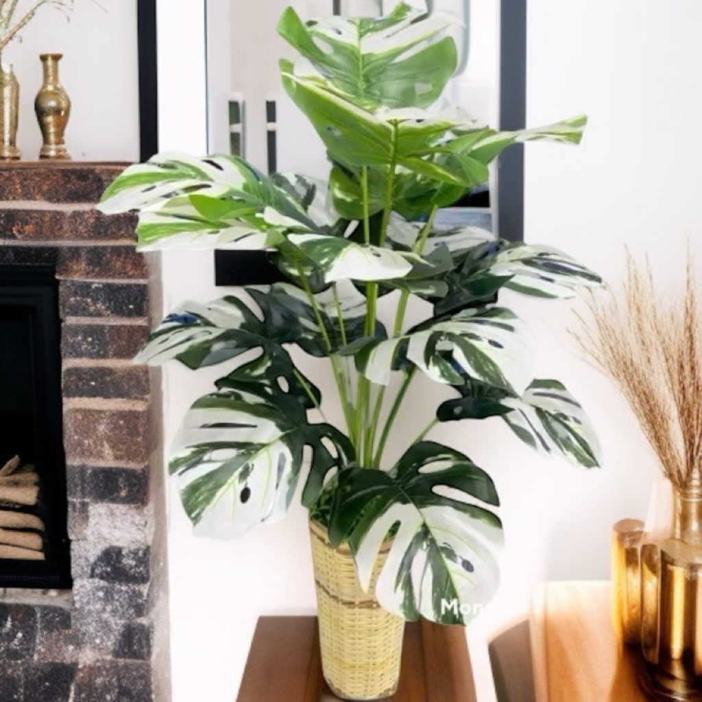 bunga hias pelastik cabang 18 dengan pot rotan tinggi 100 cm