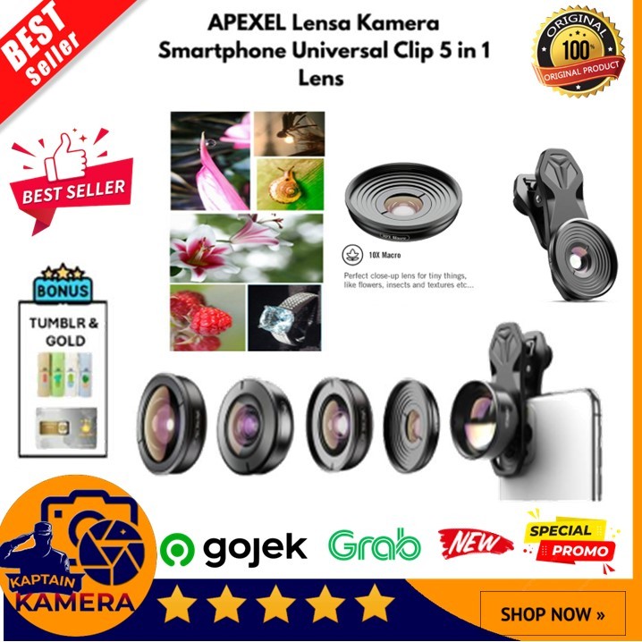 APEXEL Lensa Kamera Smartphone Universal Clip 5 in 1 Lens - APL-HB5 - Black