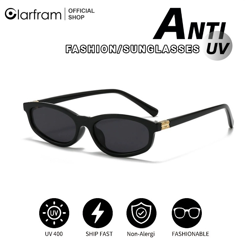 Clarfram Kacamata Hitam Anti UV Bingkai Kecil Mata Kucing Kacamata Wanita Modis Trendi Kelas Atas