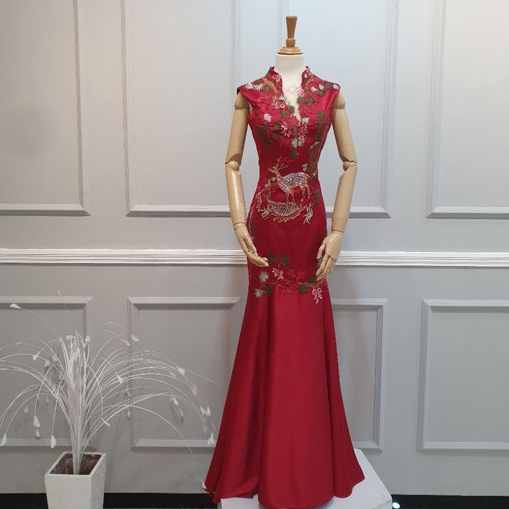 New Baru Baju Pesta Gown Tunangan Lamaran Tingjing Cheongsam merah marron bordir