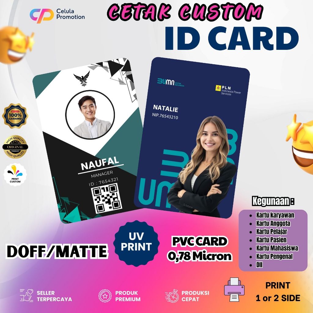 

Cetak ID Card Name Tag Custom, Doff / Matte Print UV Premium Foto Card Member Card bahan PVC