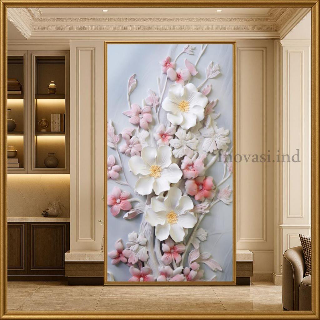 STIKER BUNGA 3D MOTIF BUNGA MAWAR PINK CANTIK, STIKER DINDING BUNGA MAWAR 3D, STIKER RUANG TAMU HITS