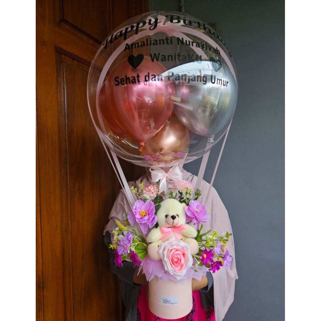Tahan Lama  Buket Balon Boneka Medium Bucket Balon Boneka Bunga Balon Bouquet Buket Boneka Sari