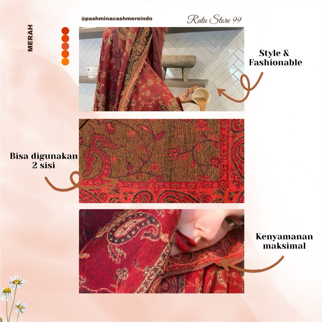 (BY RATU) READY Merah Pashmina turkey shawl original/cashmere motif import/Kerudung/Hijab/Syal