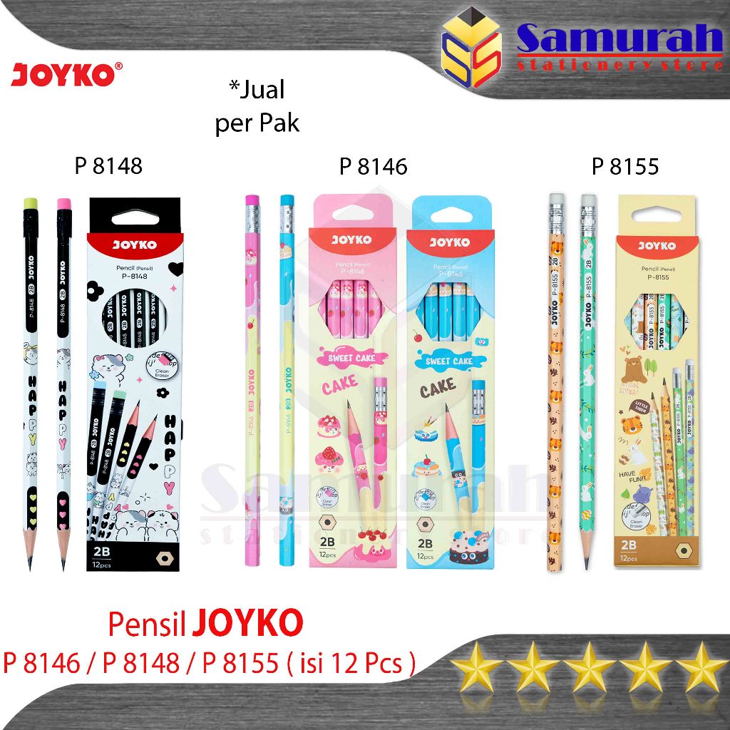 

Pensil Kayu Joyko 2B P 8146 Cake / 8148 Happy / 8155 Animal Lovers Motif Lucu + Penghapus / Fancy Wood Pencil P8146 - P8148 - P8155 + Eraser Per Lusin