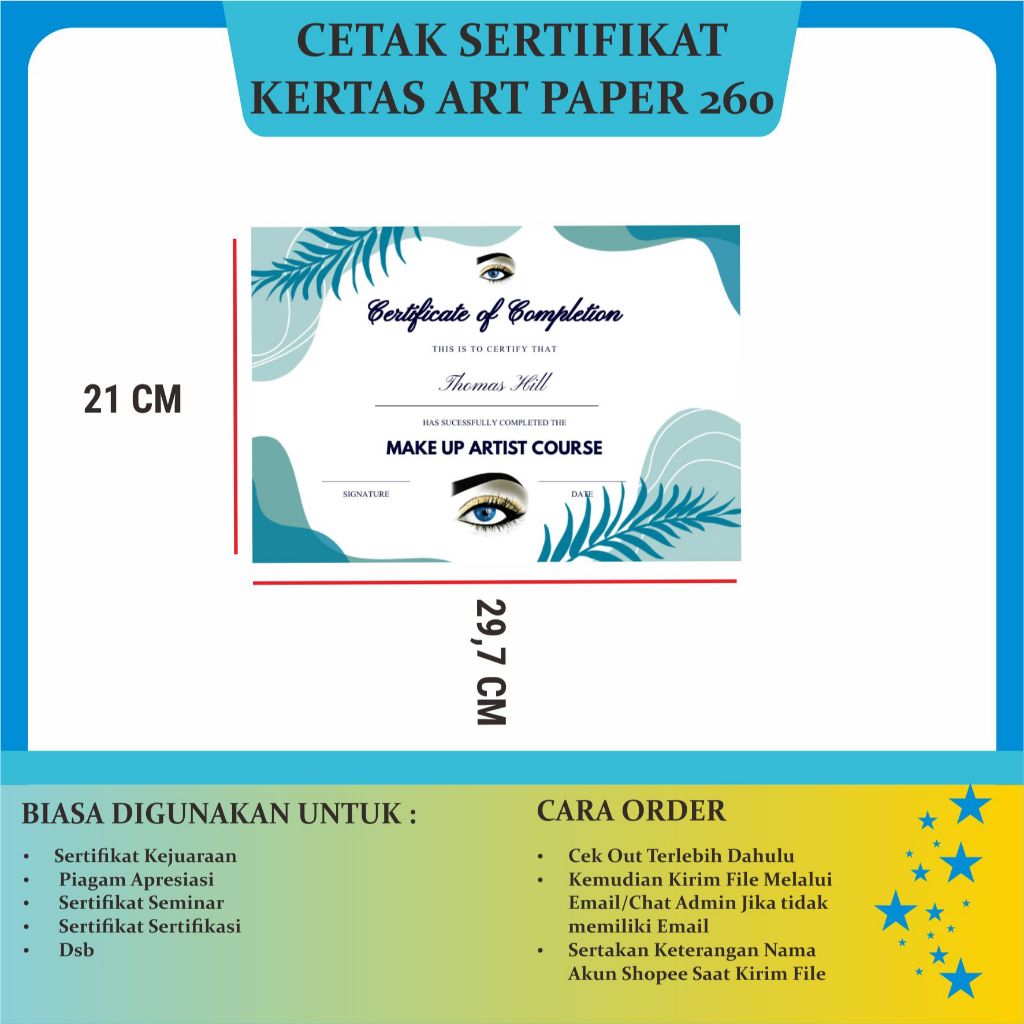 Cetak Sertifikat Piagam Custome A4 Min Order 2pcs