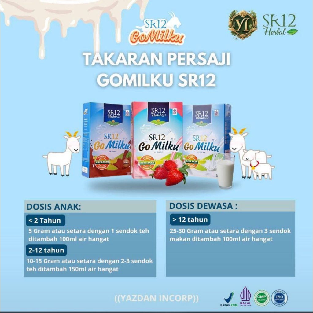 

GOMILKU SR12 SUSU KAMBING ETAWA VANILLA STROBERI COKLAT GOLD 200gr 600gr dan 40pcs Sachets