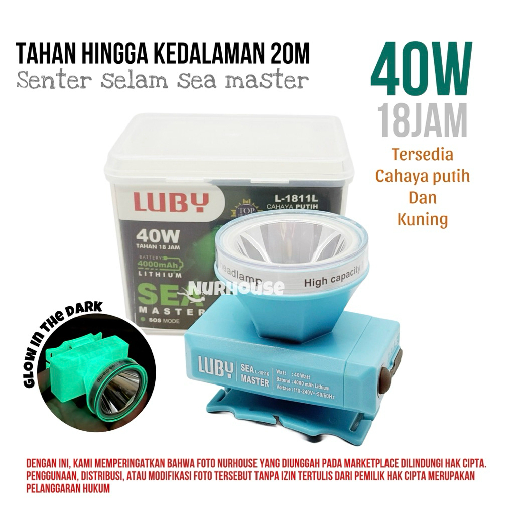 Senter Kepala Selam 40Watt Luby L- 1811 Senter Diving Headlamp Cahaya Putih Kuning Original Senter S