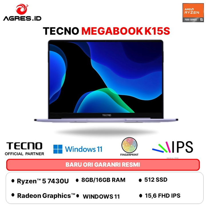 NEW 2025 - TECNO MEGABOOK K15S AMD RYZEN 5 7430 - RAM 16GB 512GB WINDOWS 11 15.6 FHD IPS