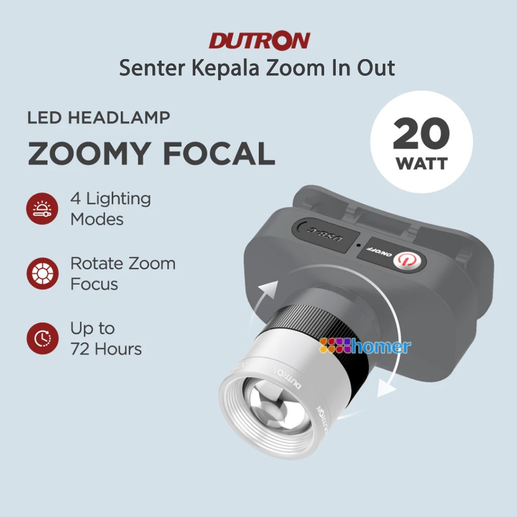 DUTRON Lampu Senter Kepala Terang Normal SOS Zoom In Out Headlamp LED Zoomy Focal 20Watt 20W 20 Watt