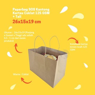 

100 PCS Paperbag SOS Kantong Kertas Coklat 26x15x19 cm 125 GSM + TALI