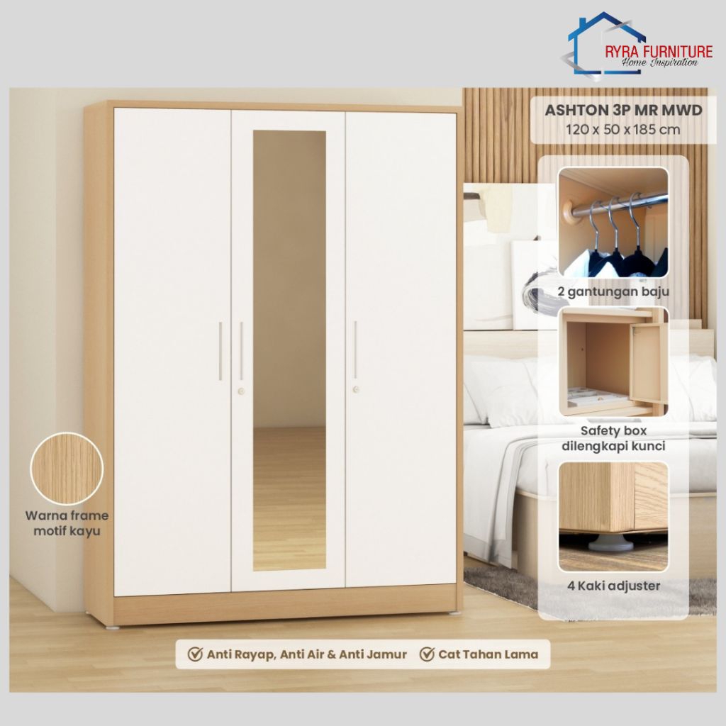PIRA - ASHTON 3P MR MWD - LEMARI PAKAIAN BESI 3 PINTU SWING DENGAN CEEMIN / PINTU GESER / LEMARI PAK