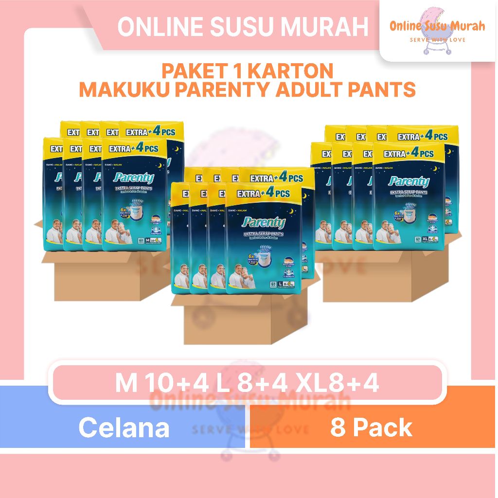 MAKUKU PARENTY HEAVY FLOW PANTS PAKET 1 KARTON 8 BALL M 10 +4 L 8 +4 XL 8 +4 POPOK M10 L8 XL8 PPKS