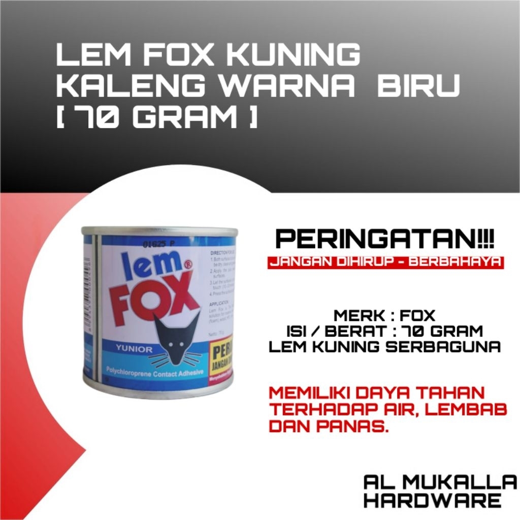 

Lem Fox Kuning Kaleng Warna Biru - 70 Gram
