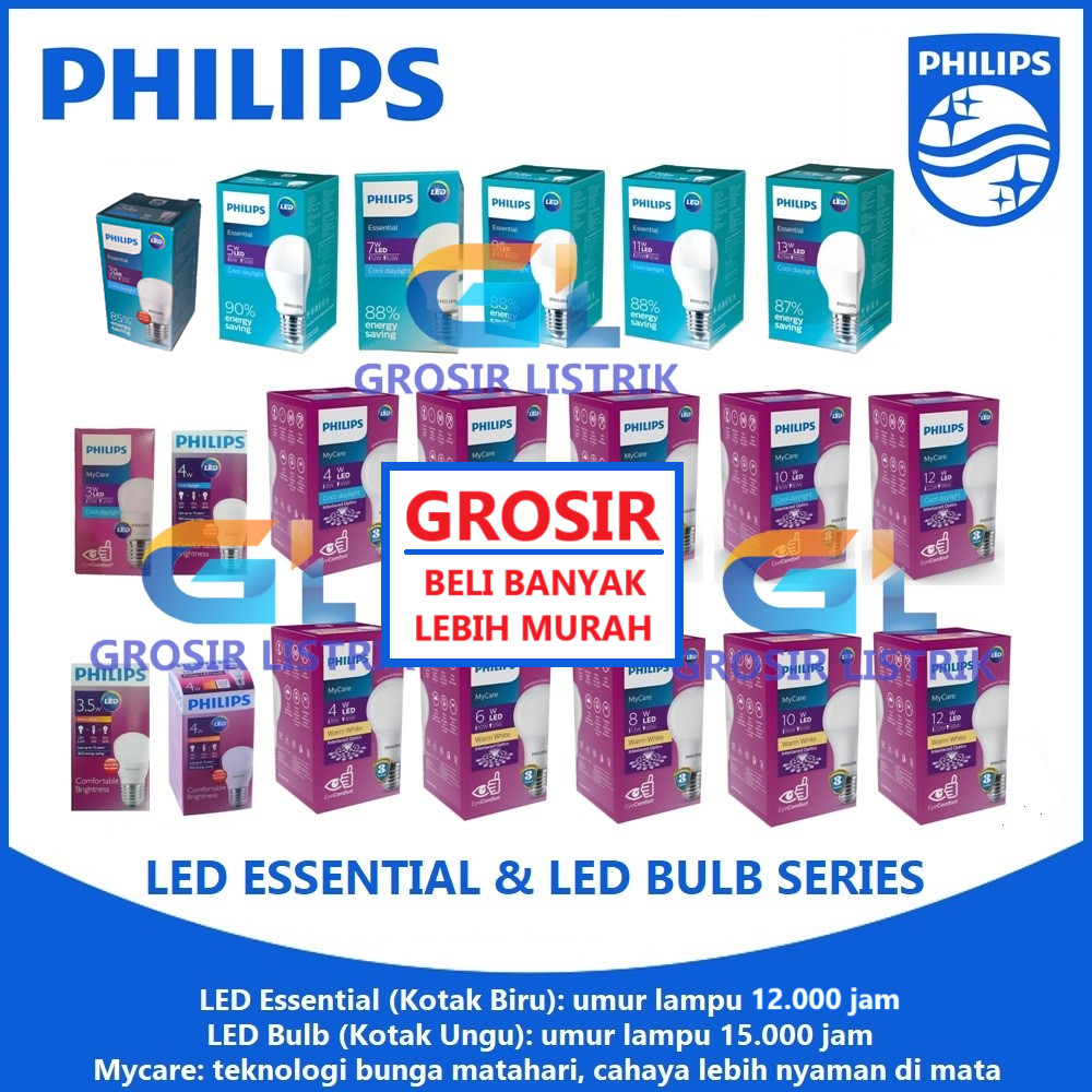PHILIPS Lampu LED Essential 3W 5W 7W 9W 11W 13W 15W Bulb Mycare 3W 4W 6W 8W 10W 12W 14.5W 19W Putih