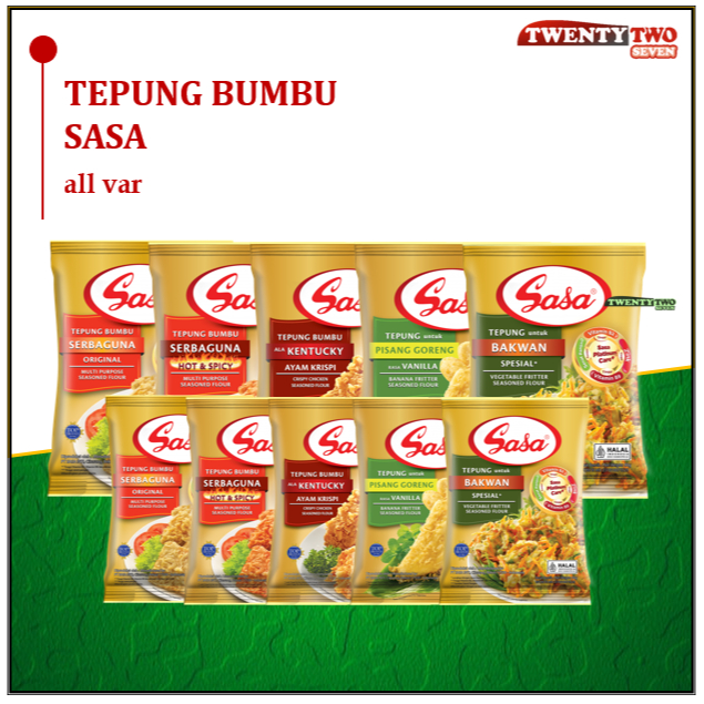 

[6 X]Sasa Tepung Pisang Goreng 70gr 210gr, Tepung Ayam Kentucky 70gr 200gr, Tepung Serbaguna Hot & Spicy 70gr 210gr,Tepung Serbaguna Original 70gr 210gr, Tepung Bakwa 90gr 225gr