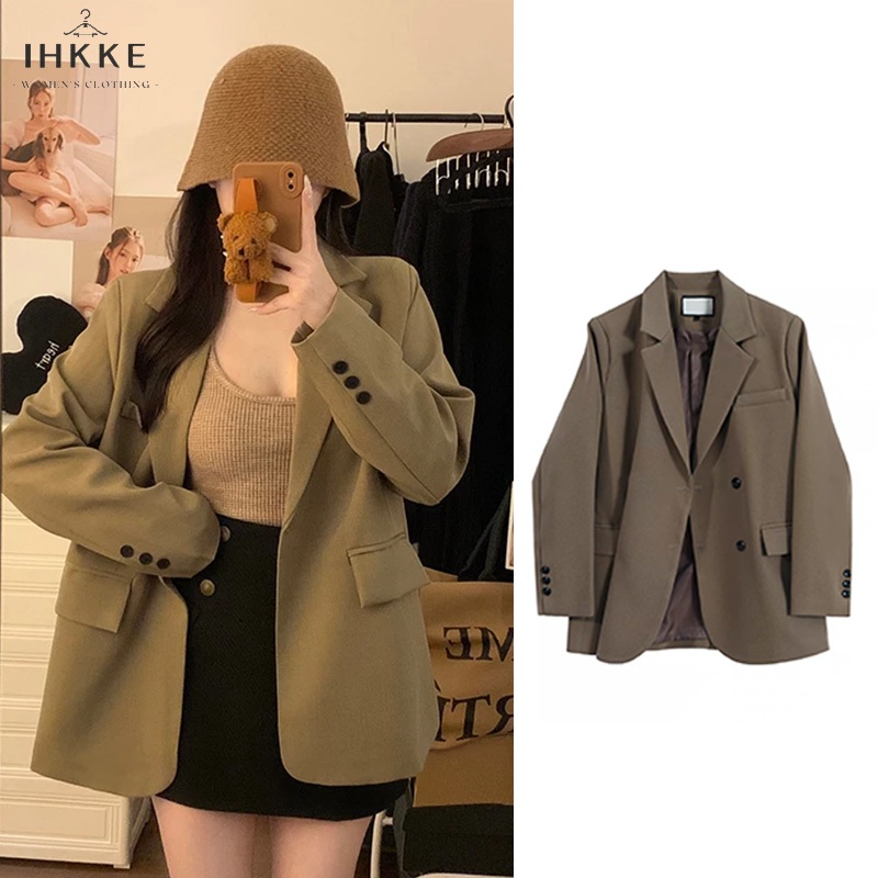 IHKKE Blazer Lengan Panjang Wanita/Korean style Oversize Premium Import Jaket Warna Polos/American V