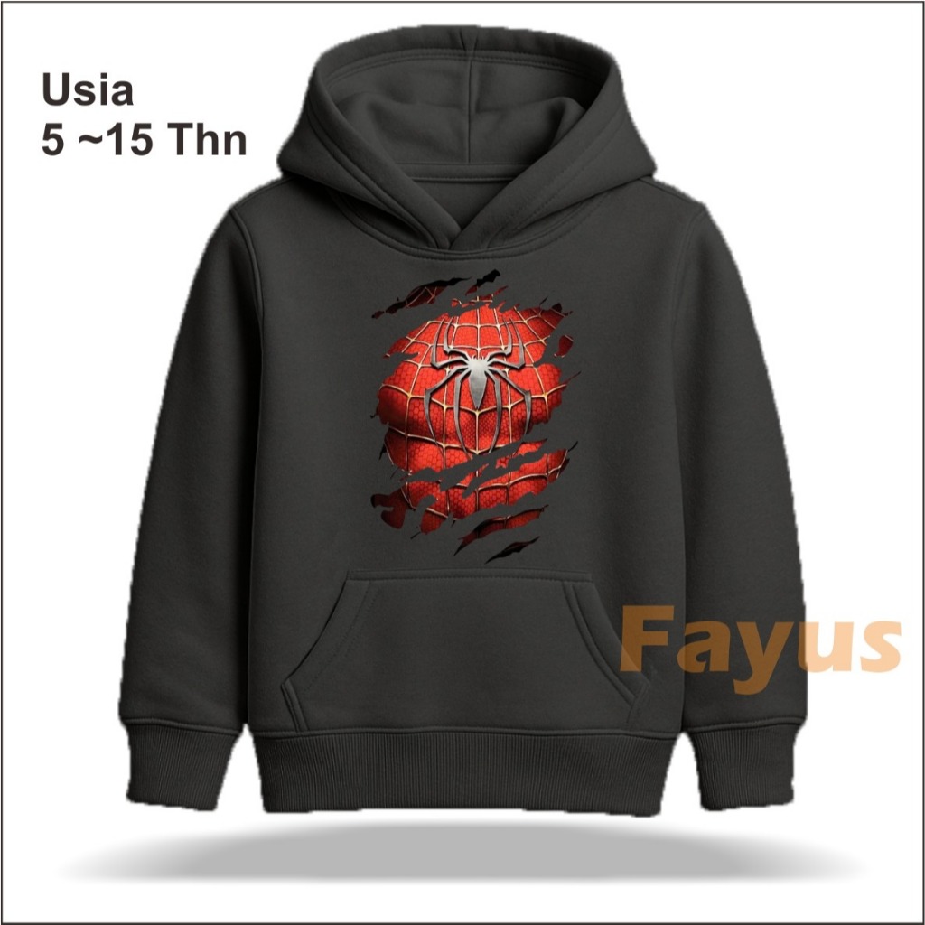 Hoodie Anak Unisex Spiderman Warna Abu Hitam | Sweater Hoodie Anak 6-15 Tahun