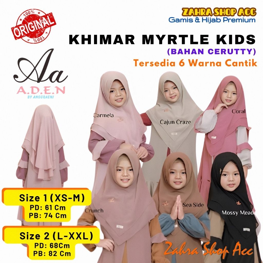 Khimar Anak Myrtle by Aden Hijab Kids Premium Original Branded Bahan Cerutty 2 Layer Model Runcing