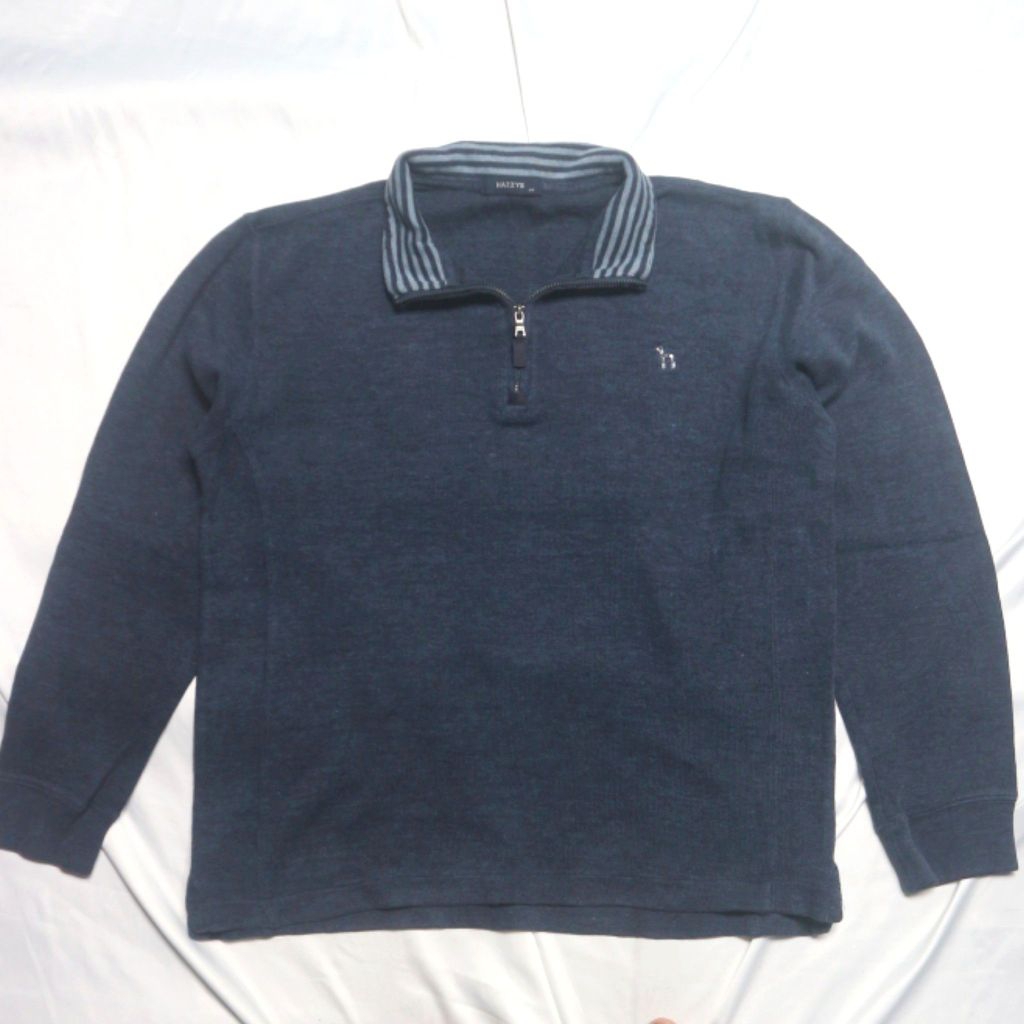 HAZZYS Half Zipper Blue Denim Jumper Knitwear Sweater Sweatshirt Crewneck Rajut Wool Jaket