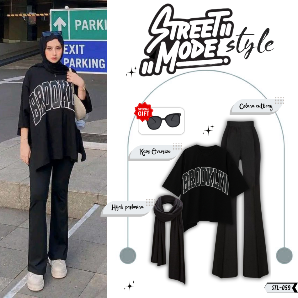 OOTD Fashion Street Korean Style  [Kaos Oversize , Celana Cutbray , Pashmina Jersey] STL-059 Oufit H