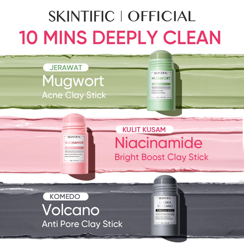 SKINTIFIC - Clay Stick Full Series | Deep Cleansing Mugwort Acne Clay Stick 40g + Niacinamide Bright
