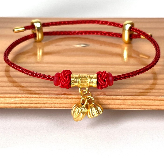 Gelang Tali Emas Charm Bambu Biji lotus 24k HK Hongkong 999%- Gold Bracelet