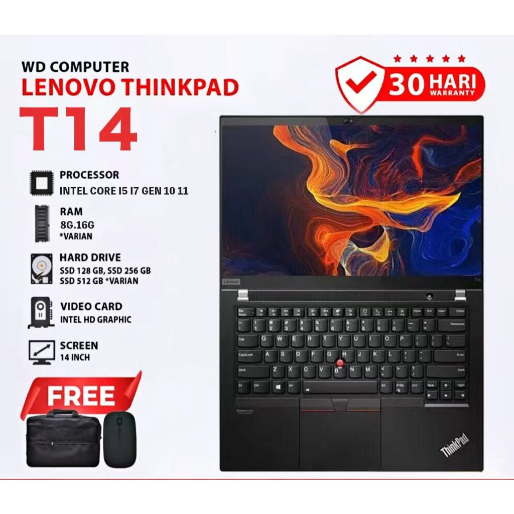 Grade A Original 95 Baru Laptop ThinkPad T14 Intel Core i5/i7 1145G7  Ram 16GB 512GB SSD FHD IPS