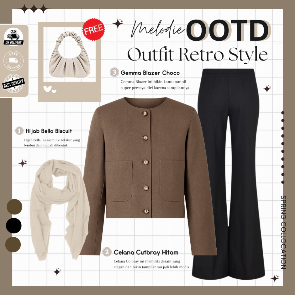 Outfit Set Wanita Hijab ( Hijab Bella + Gemma Blazer + Celana Cutbray ) One Set Korean Style - MO135