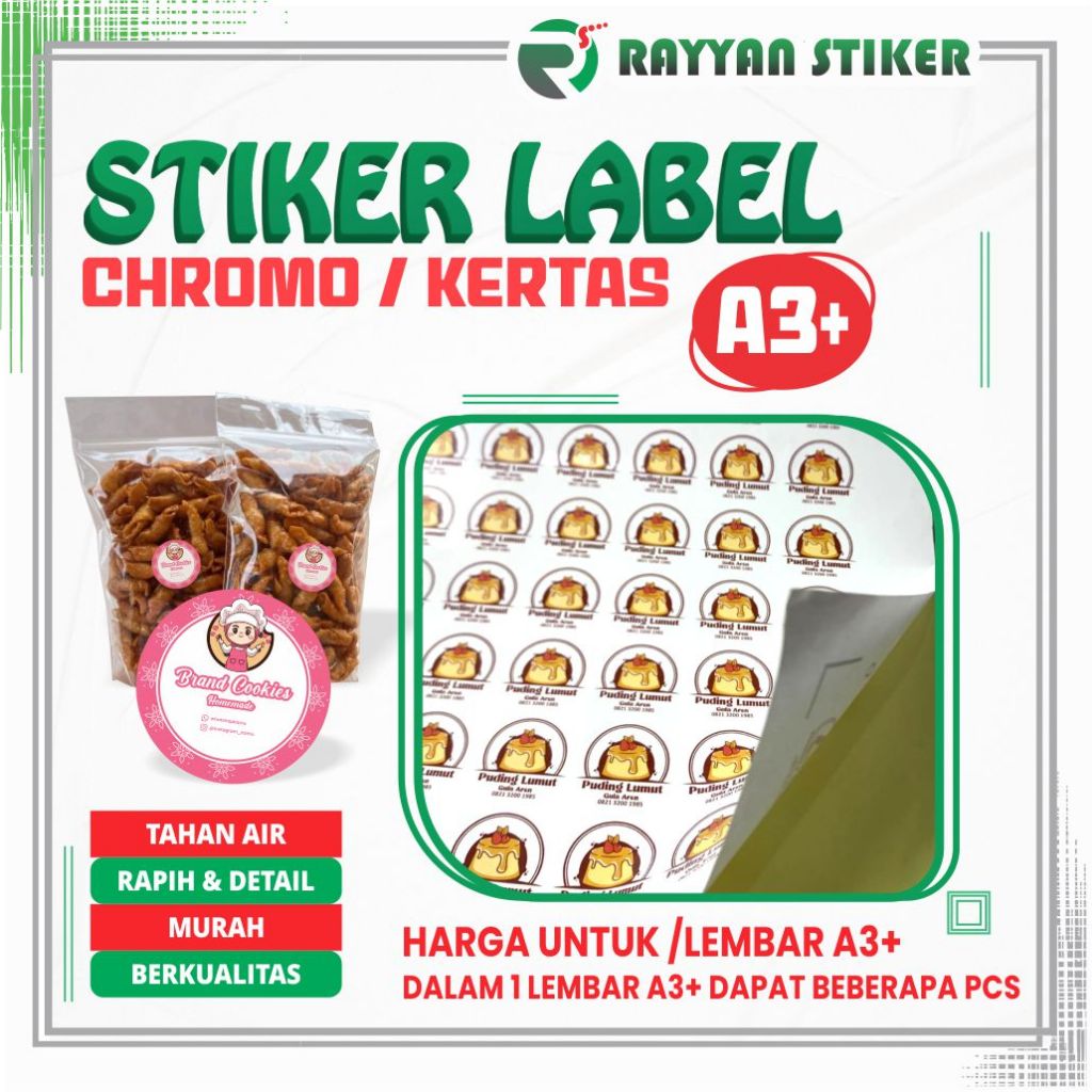 

Sticker Label Custom Brand Cetak Stiker Cutting Lebel Kemasan Makanan Minumn Bahan Chromo ukuran A3+