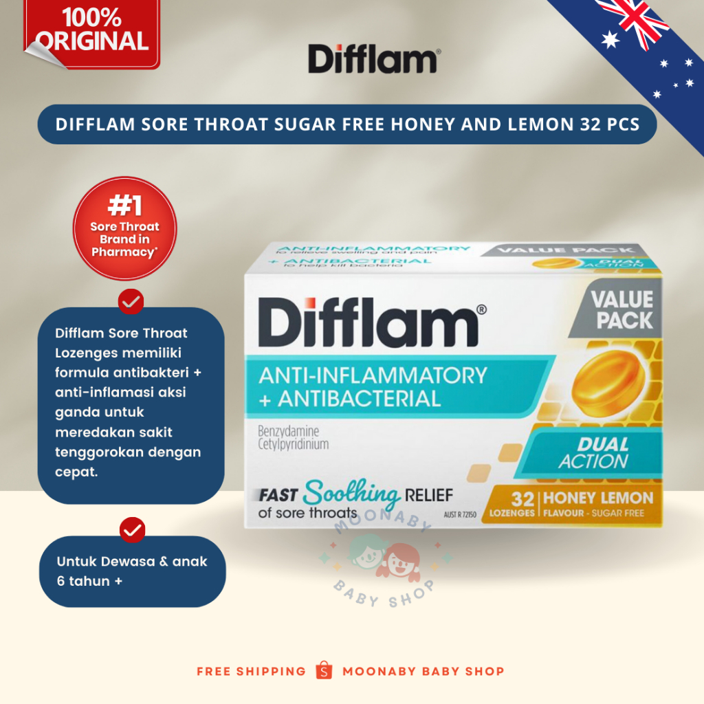 

Exp 08/2026 Permen hisap radang tenggorokan Difflam Plus Anaesthetic Sugar Free Wild Berry 16pcs & Honey Lemon 32pcs