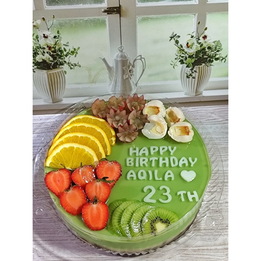 

Puding greentea/macha lapis 0r30 coklat topping buah