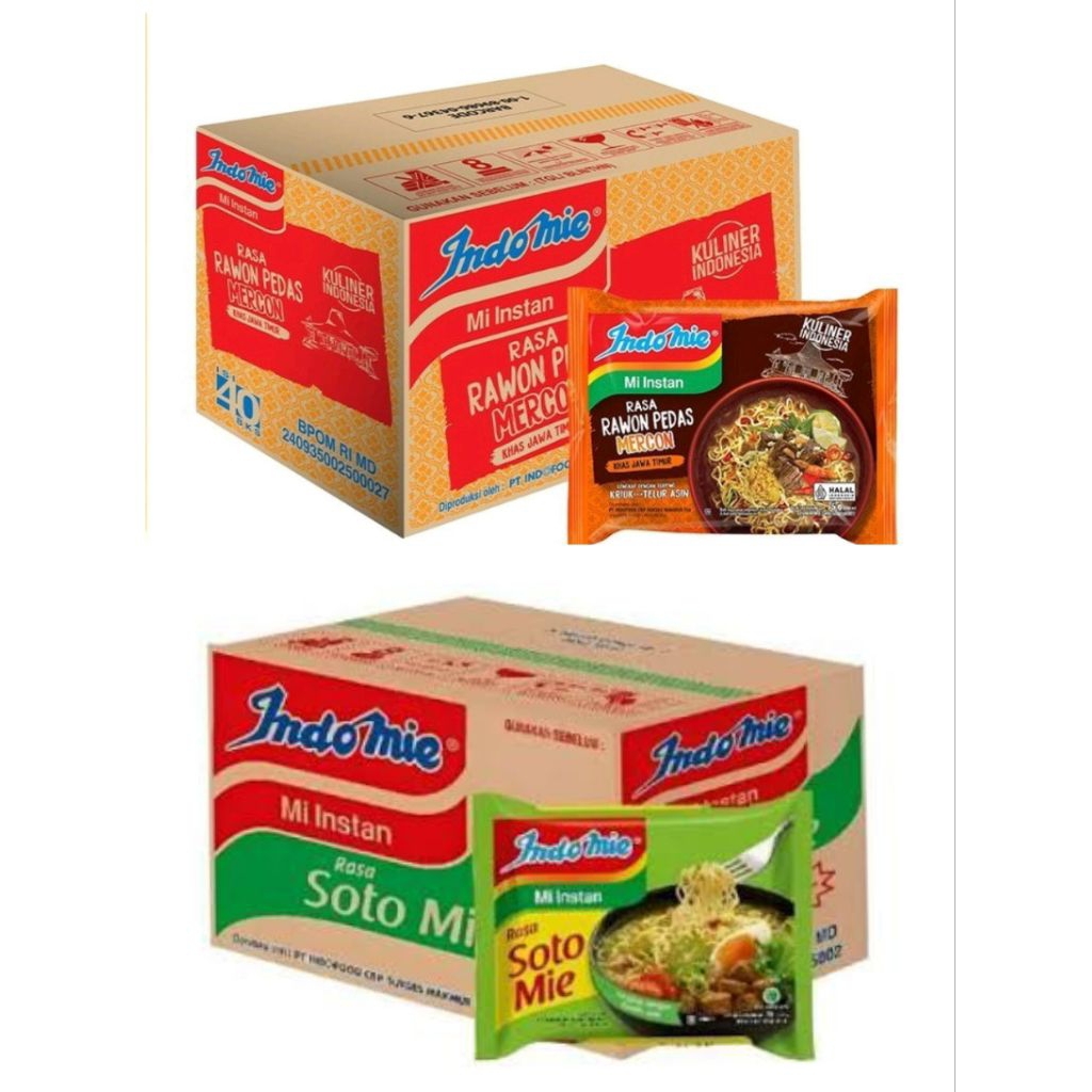 

Indomie Mi instan Soto mie Dan Rawon Pedas Mercon satu dus isi 40 bks MURAH
