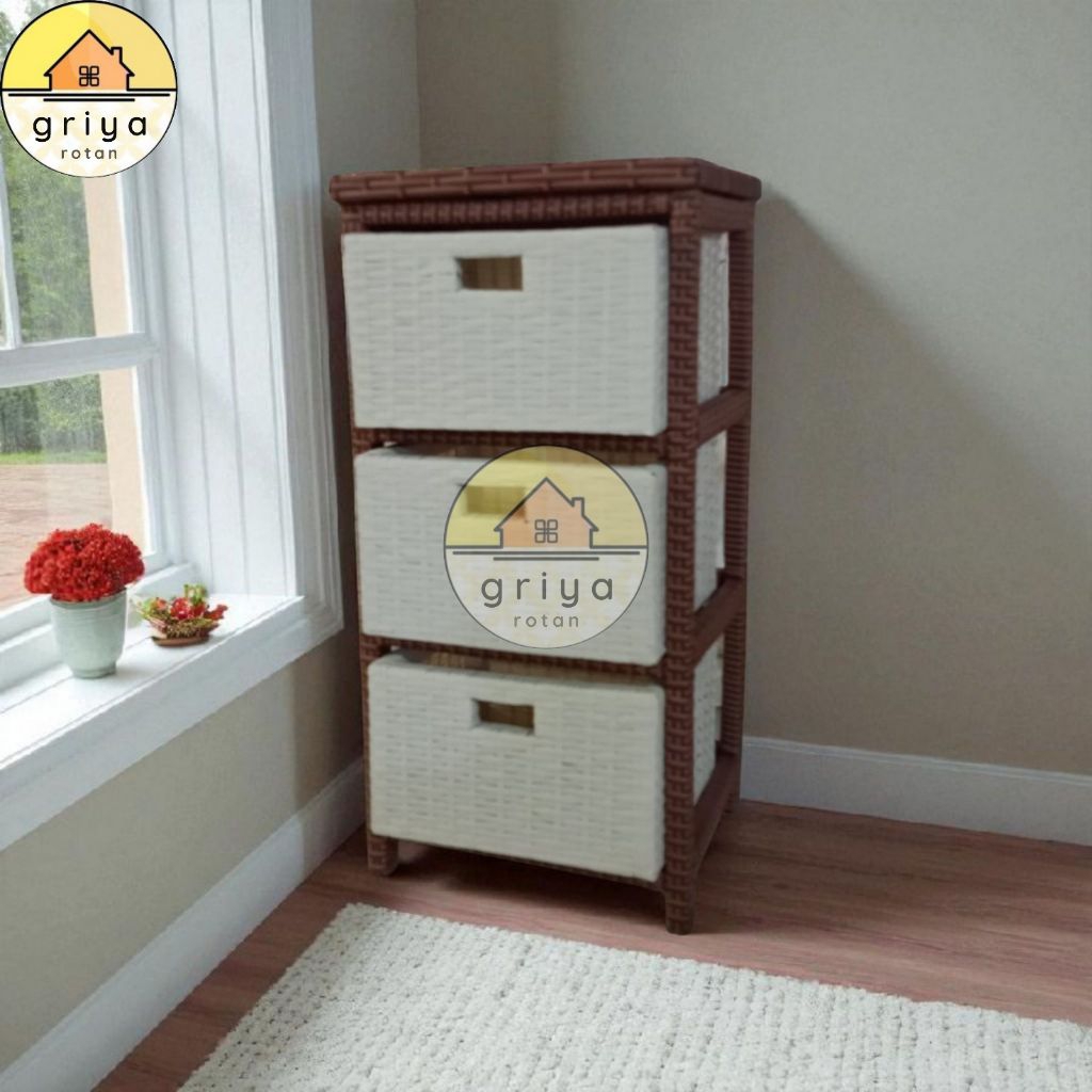 Lemari Plastik Rak Buku Rotan Sintetis Laci 3 Susun Atas