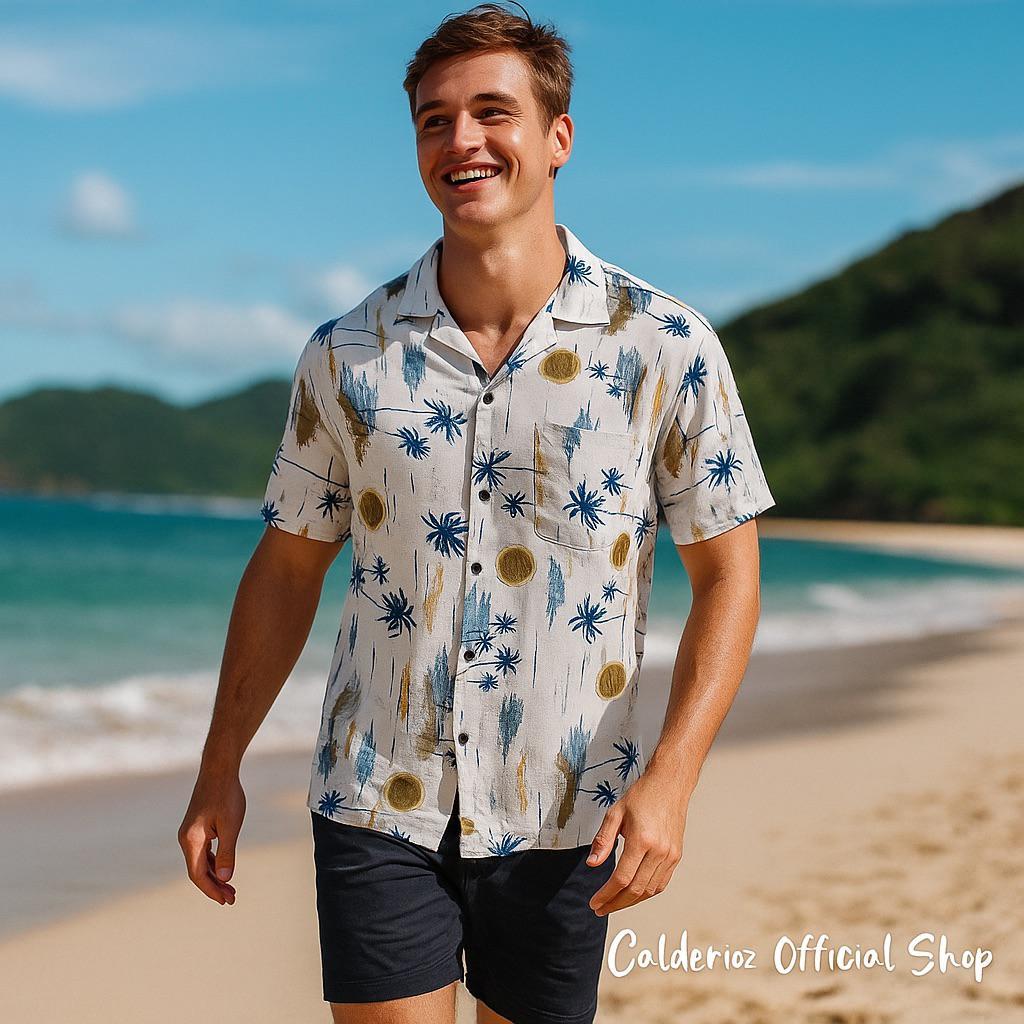 Calderioz - Kemeja Casual Motif Pantai Tropis Lengan Pendek Pria Wanita Outfit Nongkrong Santai