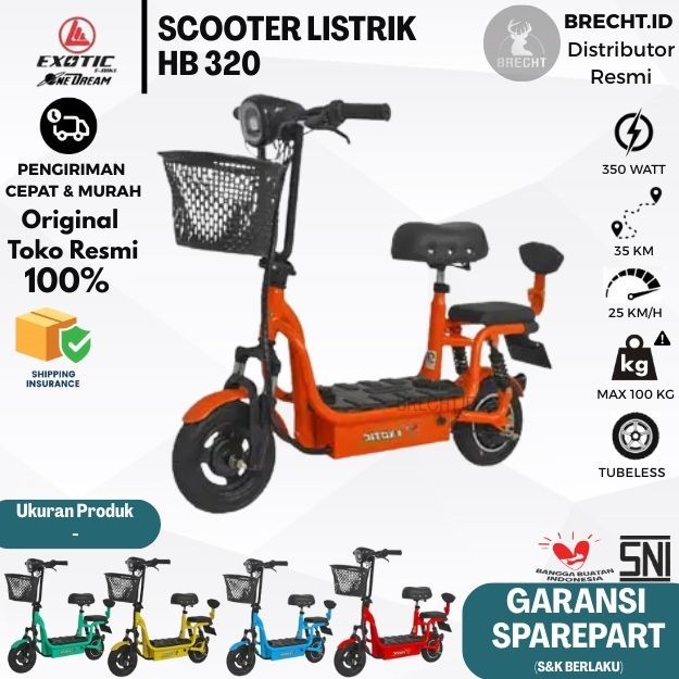 Sepeda Listrik Exotic ET HB 320 - Skuter Listrik Dengan Kapasitas Baterai SLA 12 Ah, Mampu Berjalan Hingga 35 km, Tersedia dalam Warna Biru, Merah, Hijau, Kuning, dan Orange