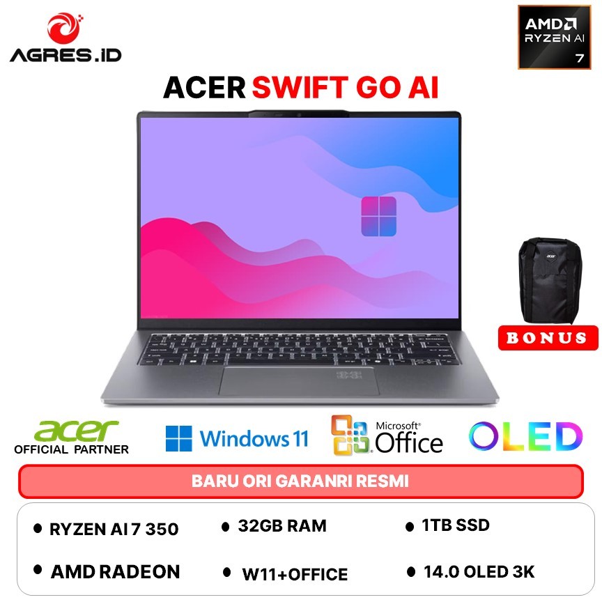 ACER SWIFT GO 14 AI OLED SFG14 RYZEN 7 AI 350 32GB 1TB W11+OHS+M365B 14.0 3K SLV -64.R3PS