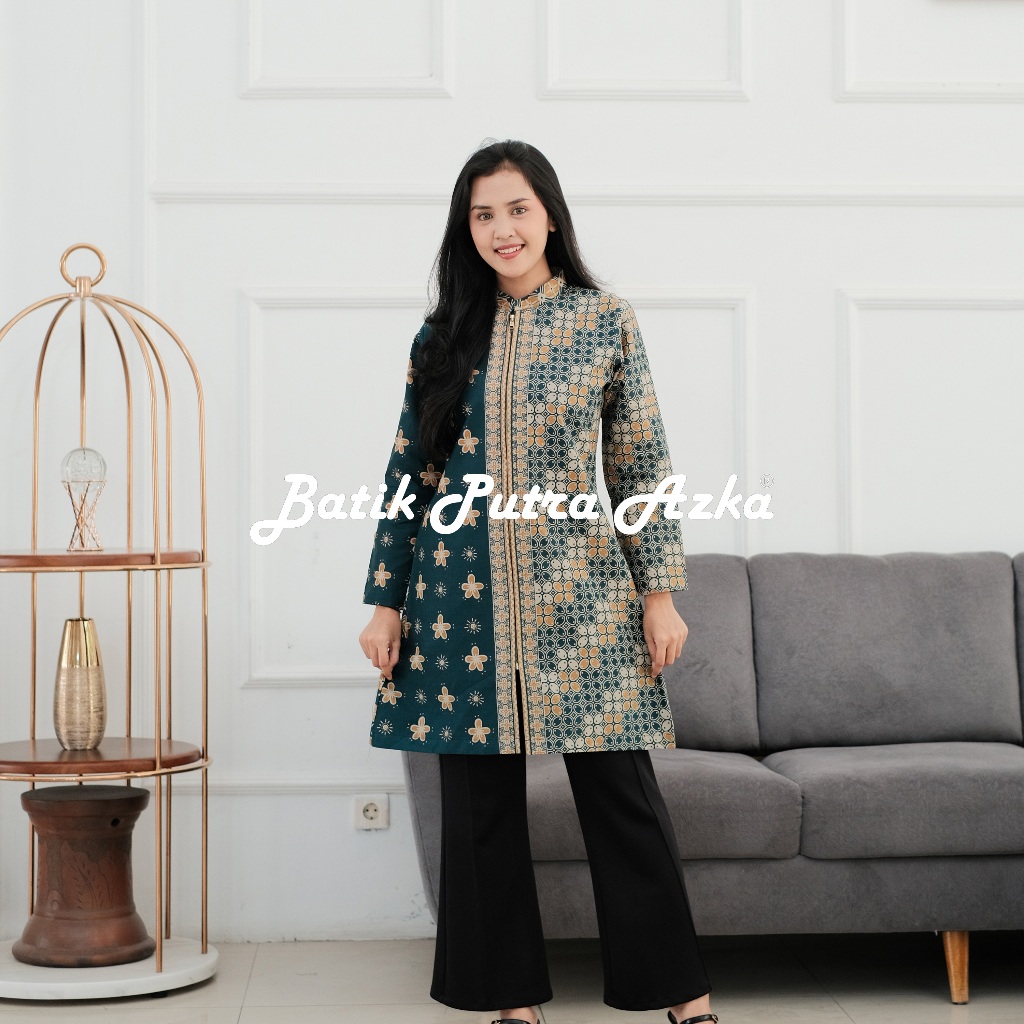 Batik Azka Tunik Batik Premium Lengan Panjang Full Tricot Motif Binawa Warna Hijau Tosca