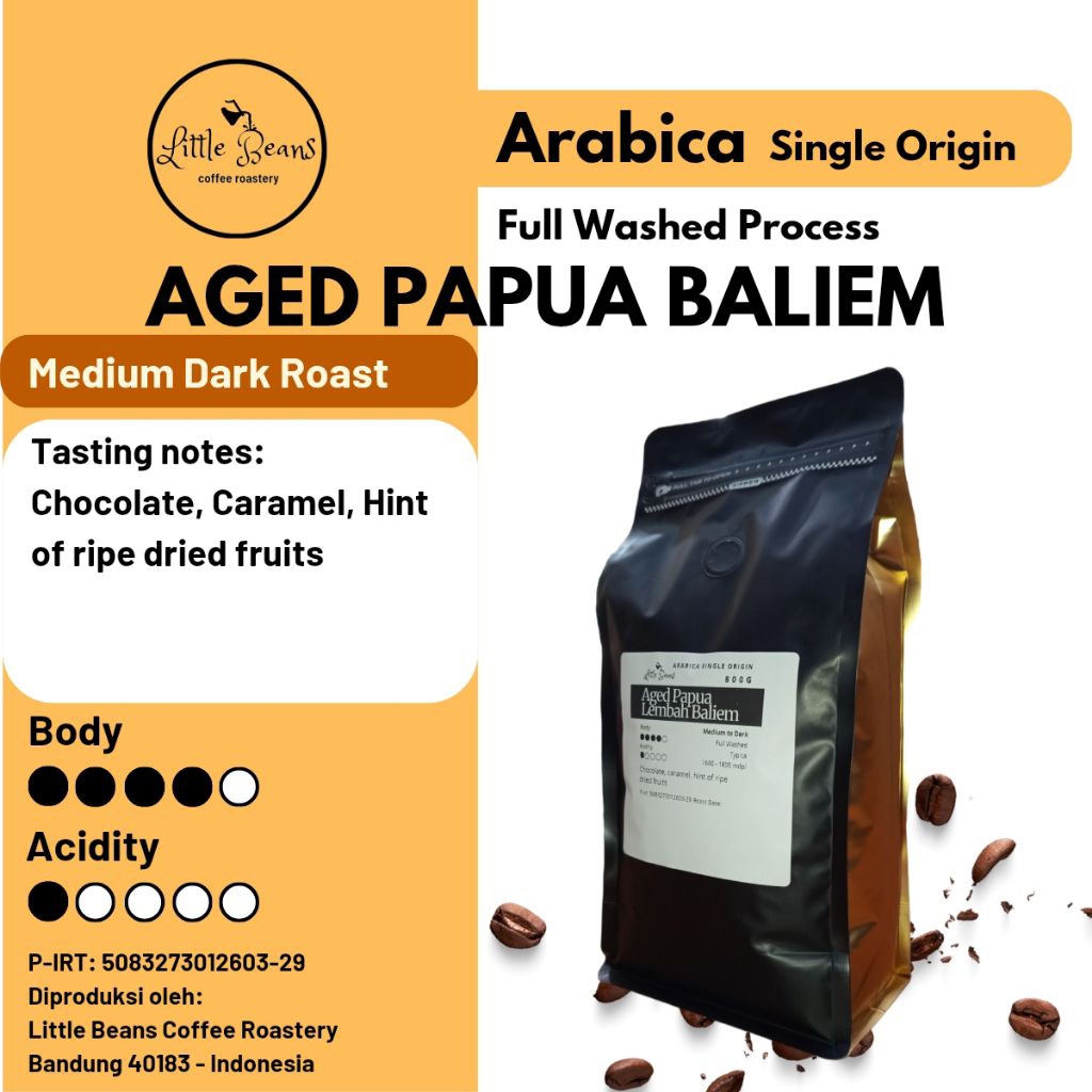 

Kopi arabica Aged Papua Lembah Baliem medium to dark roast 800gr/400gr/200gr biji/bubuk low acidity