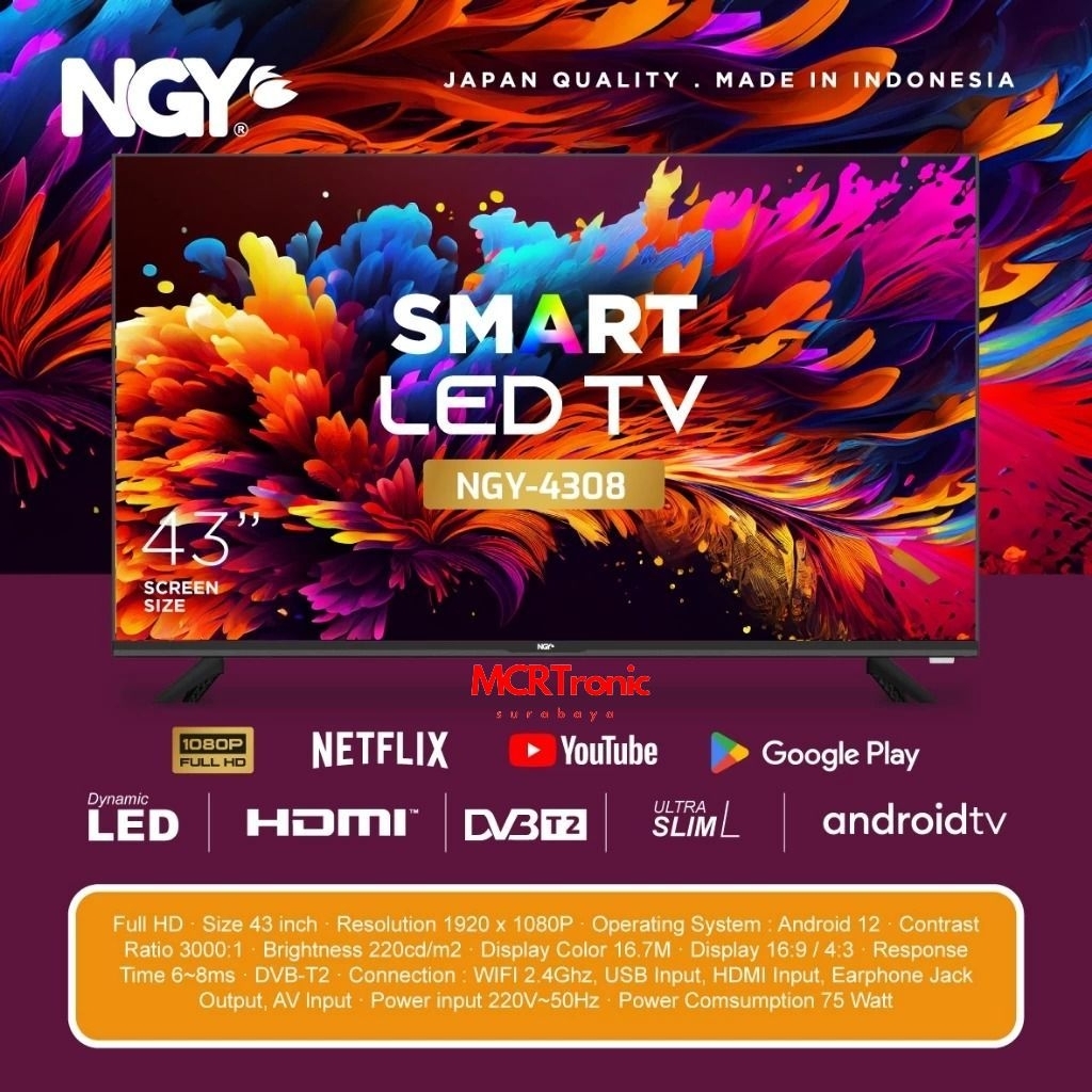 NAGOYA NGY-4308 SMART TV LED 43 INCHI HDMI USB ANDROID TV SLIM GARANSI RESMI 1 TAHUN