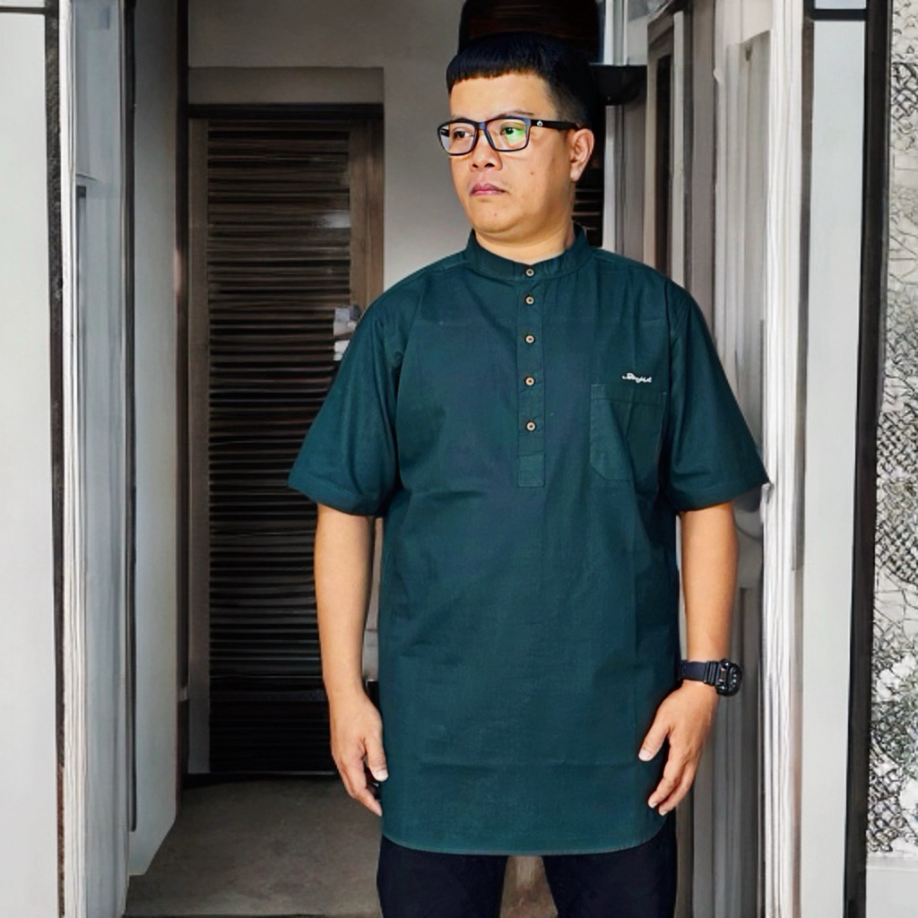 BAJU KOKO PRIA DEWASA LENGAN  PENDEK | KURTA PRIA DEWASA| koko versi upgrade | HIJAU BOTOL |ABU MUDA