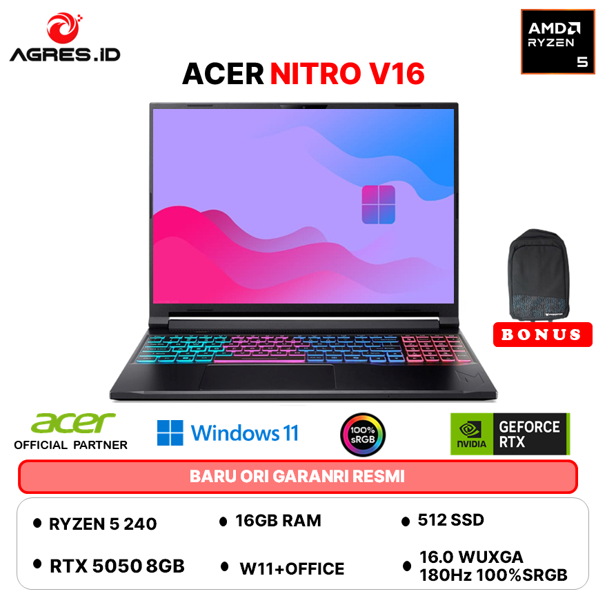 ACER NITRO V 16S RYZEN 5 240 RTX5050 8GB - RAM 16GB 512GB W11+OHS+M365B 16.0WUXGA 180HZ 100SRGB