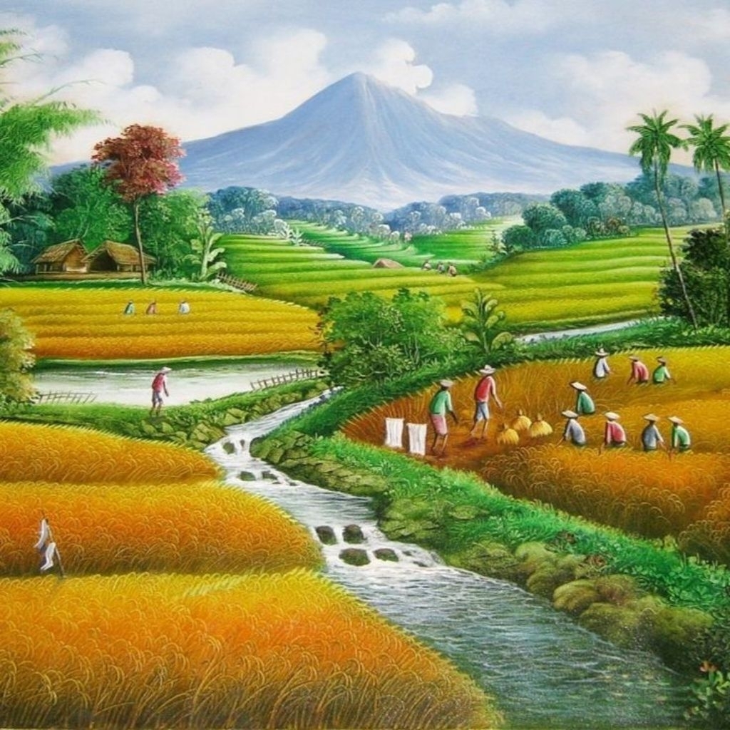 lukisan spon pemandangan sawah
