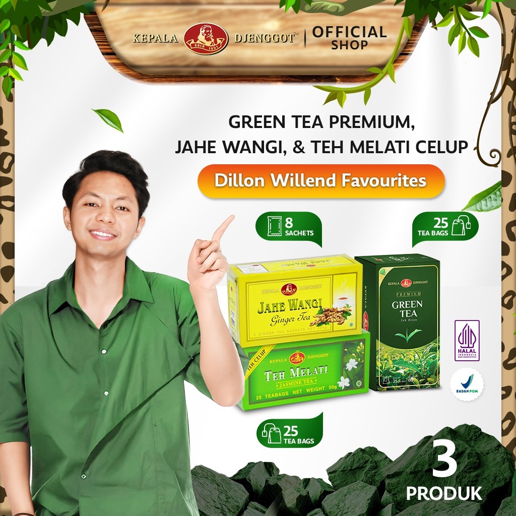 

Dillon Willend Favourites | Bundle Green Tea Premium 50gr - Jahe Wangi 200gr - Teh Melati Celup 50gr