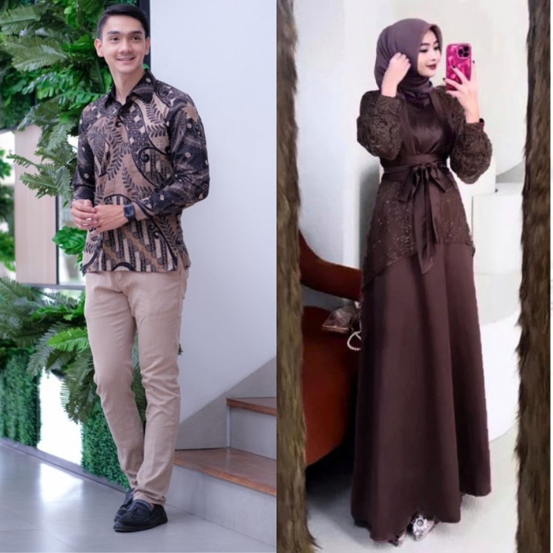 (NEW) Veloxa Couple Gamis Kondangan Set Gamis Mahogany Mutiara Brokat Gamis Couple Pasangan Terbaru 