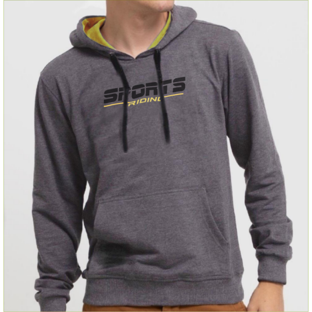 Sweater Hoodie SPORTS Riding Lengan Panjang Basic Kain Fleece Warna Abu-abu Tua Kombinasi Kuning Rea