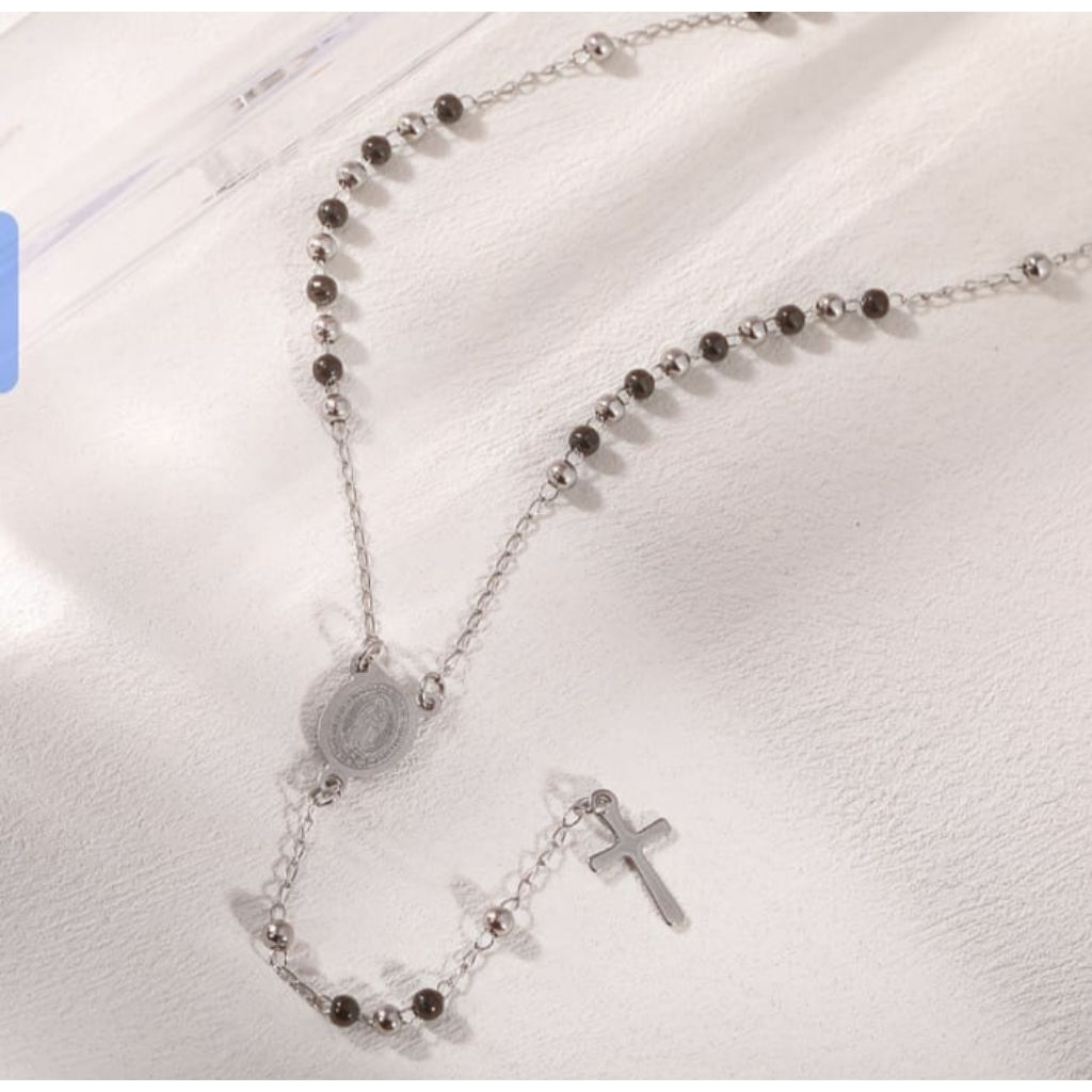 Kalung Salib Rosario Doa Katolik Titanium Silver Gold