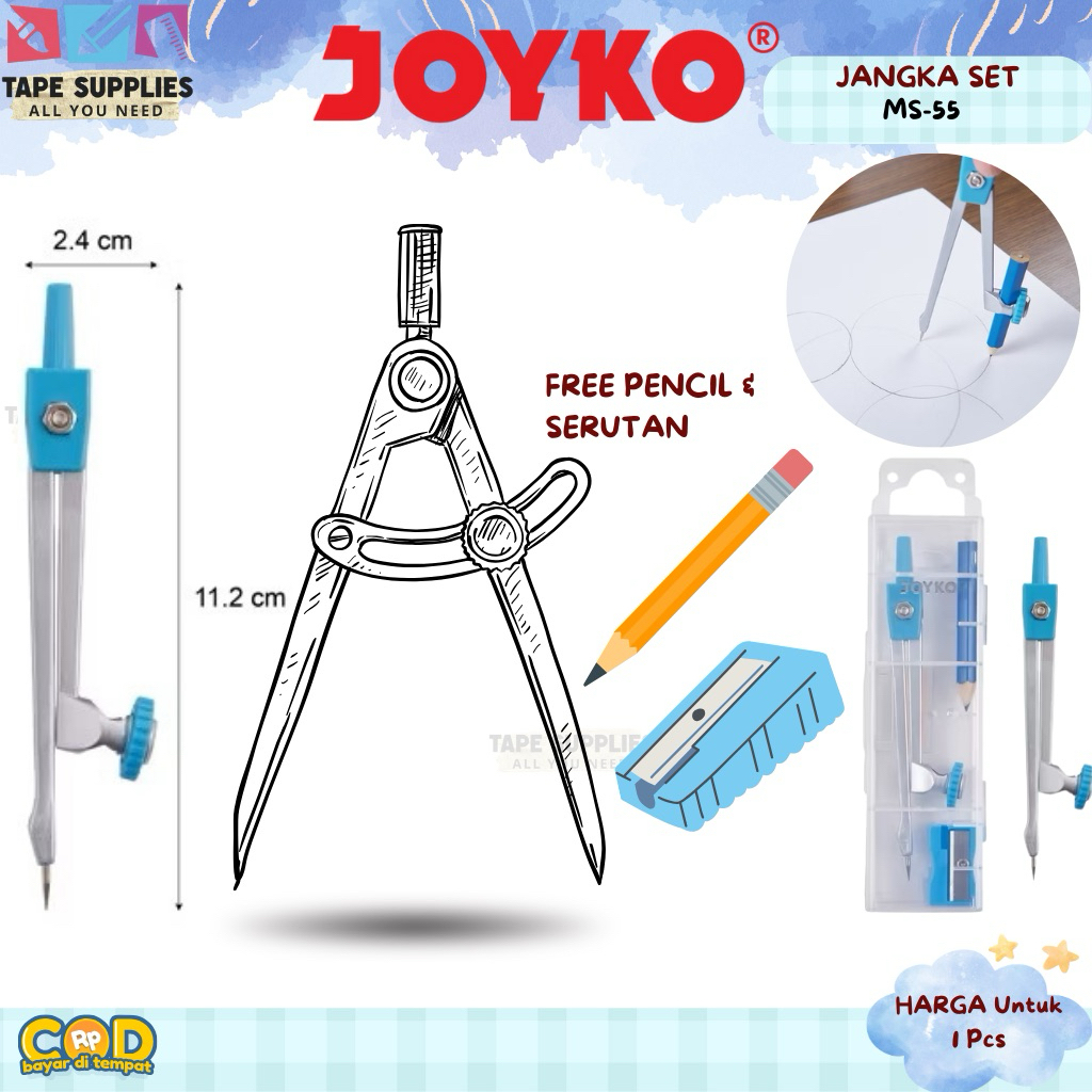 

Math Set Jangka Joyko MS-55 + Pensil Kayu & Serutan / Jangka Sekolah / Set Matematika
